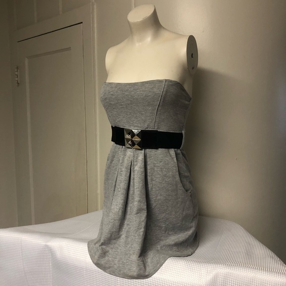 0 Flux Dresses & Skirts - 0 FLUX Strapless Gray Empire Waist Mini Dress Pockets stretch Belt 90’s Y2K Sz S